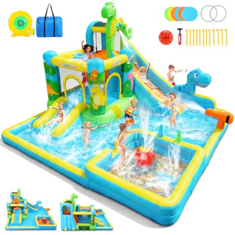Kids Outdoor Slide - Outdoor backyard inflatable water slide: dinosaur-themed