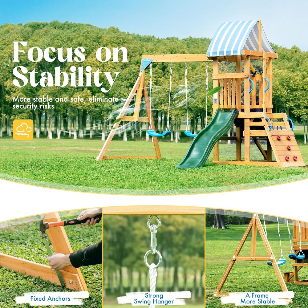 Swing ts or ackyard, Wooden Sw - Kids Outdoor Slide recension och pris